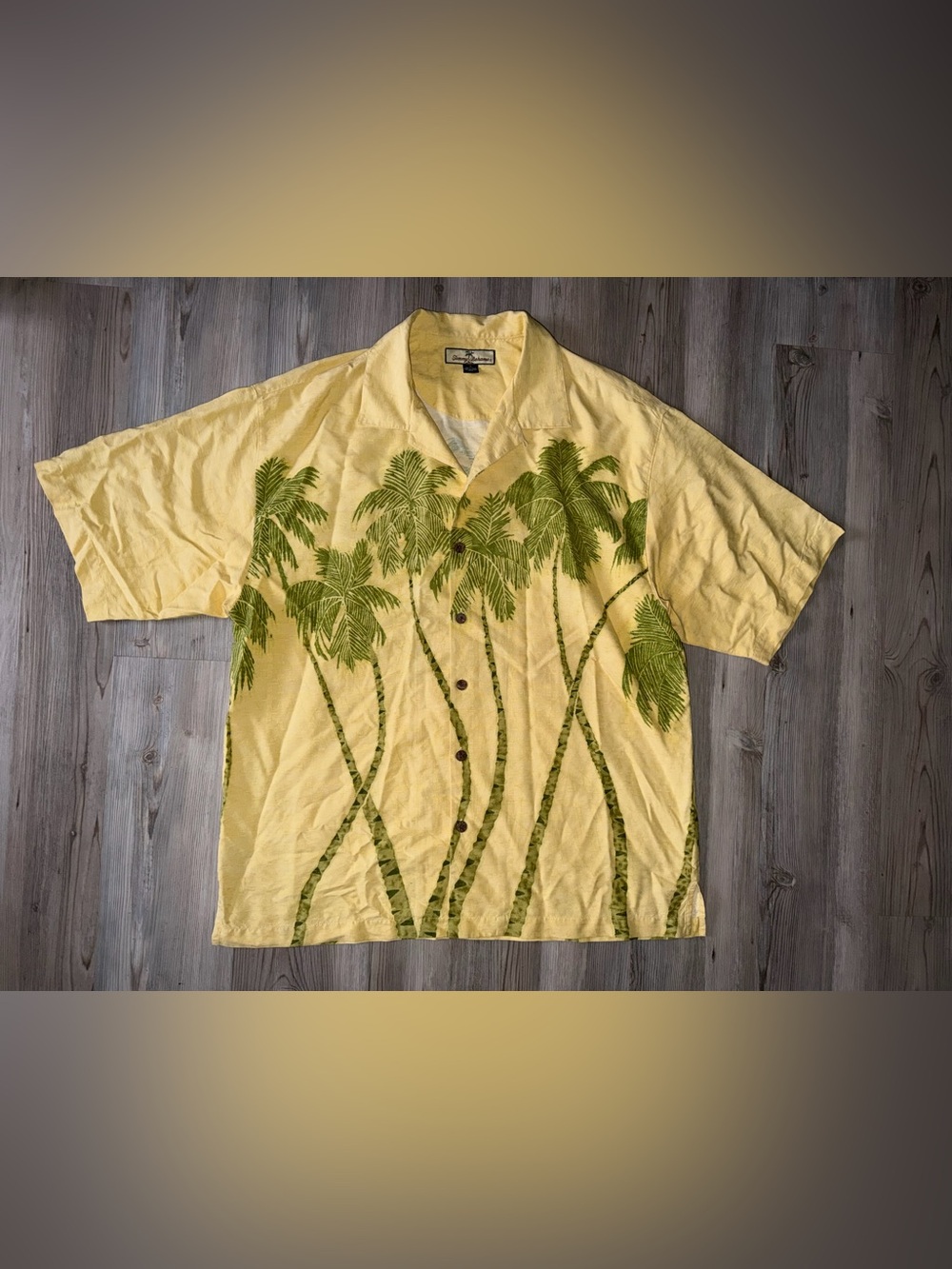 Tommy Bahama Silk Palm Tree Button Up Hawaiian Shirt L Large Aloha Cruise Yellow